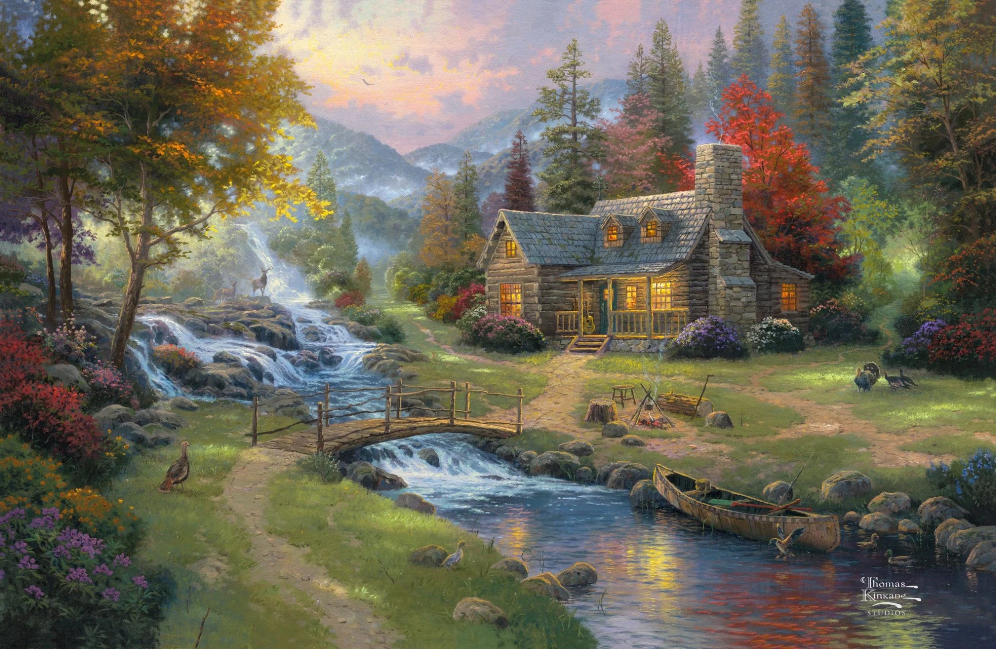 Thomas Kinkade's Mountain Paradise: A collector's dream, blending serene landscapes with cozy cabins. This masterpiece captivates art enthusiasts with its enchanting charm.