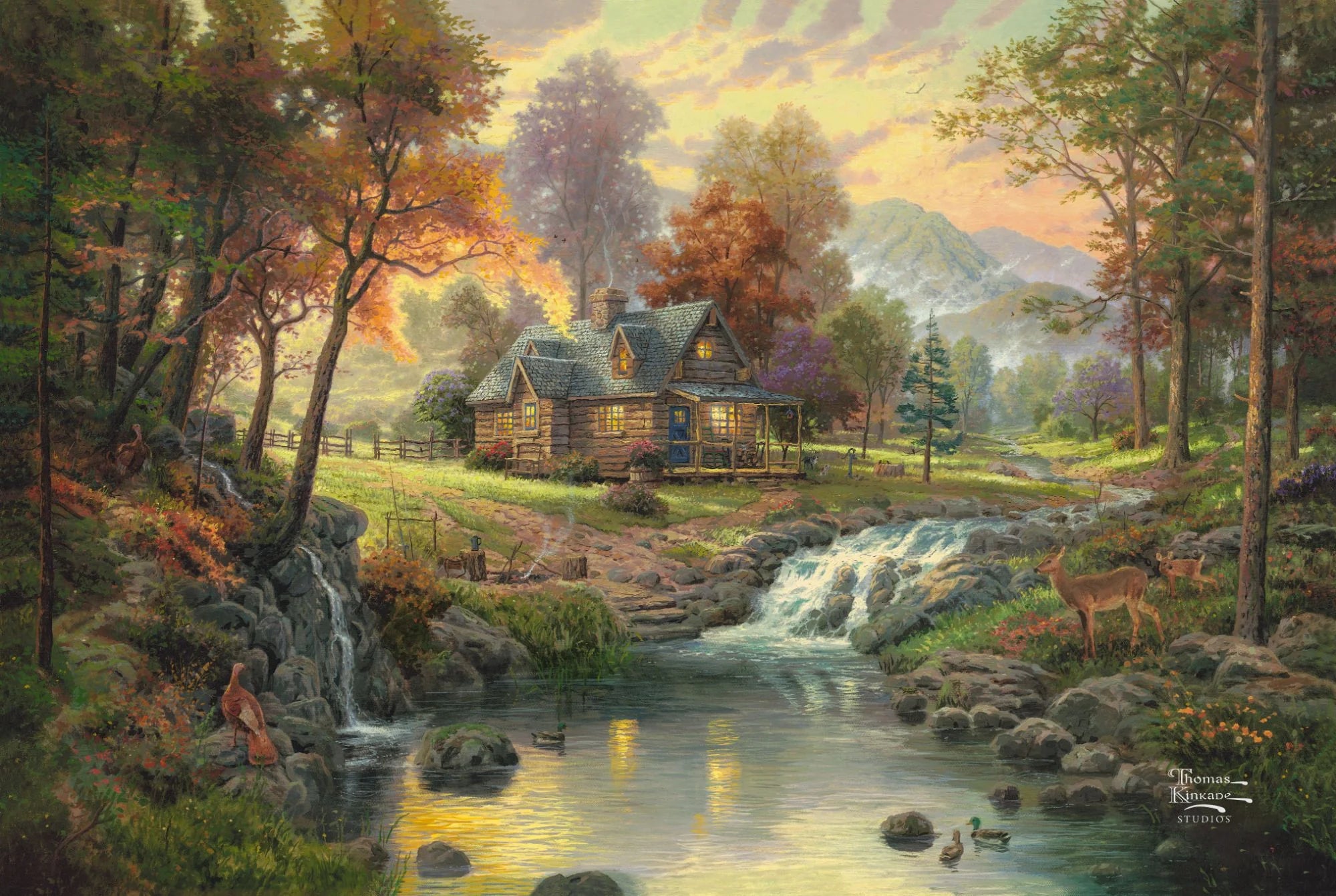Discover serenity in Thomas Kinkade's Mountain Retreat, a timeless masterpiece cherished by collectors for its tranquil beauty and ethereal charm.